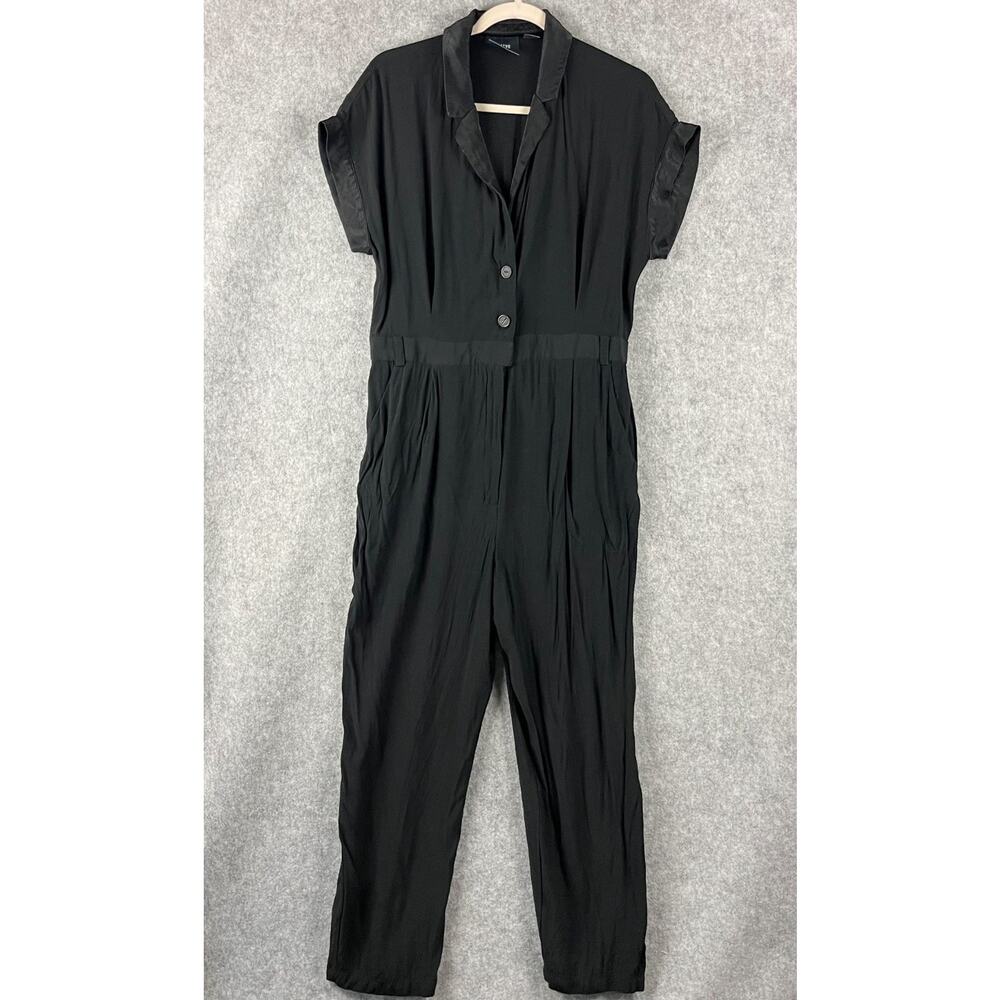Anthropologie Maeve Jumpsuit Womens 10 Black Satin Trim Short Sleeve‎ Collared